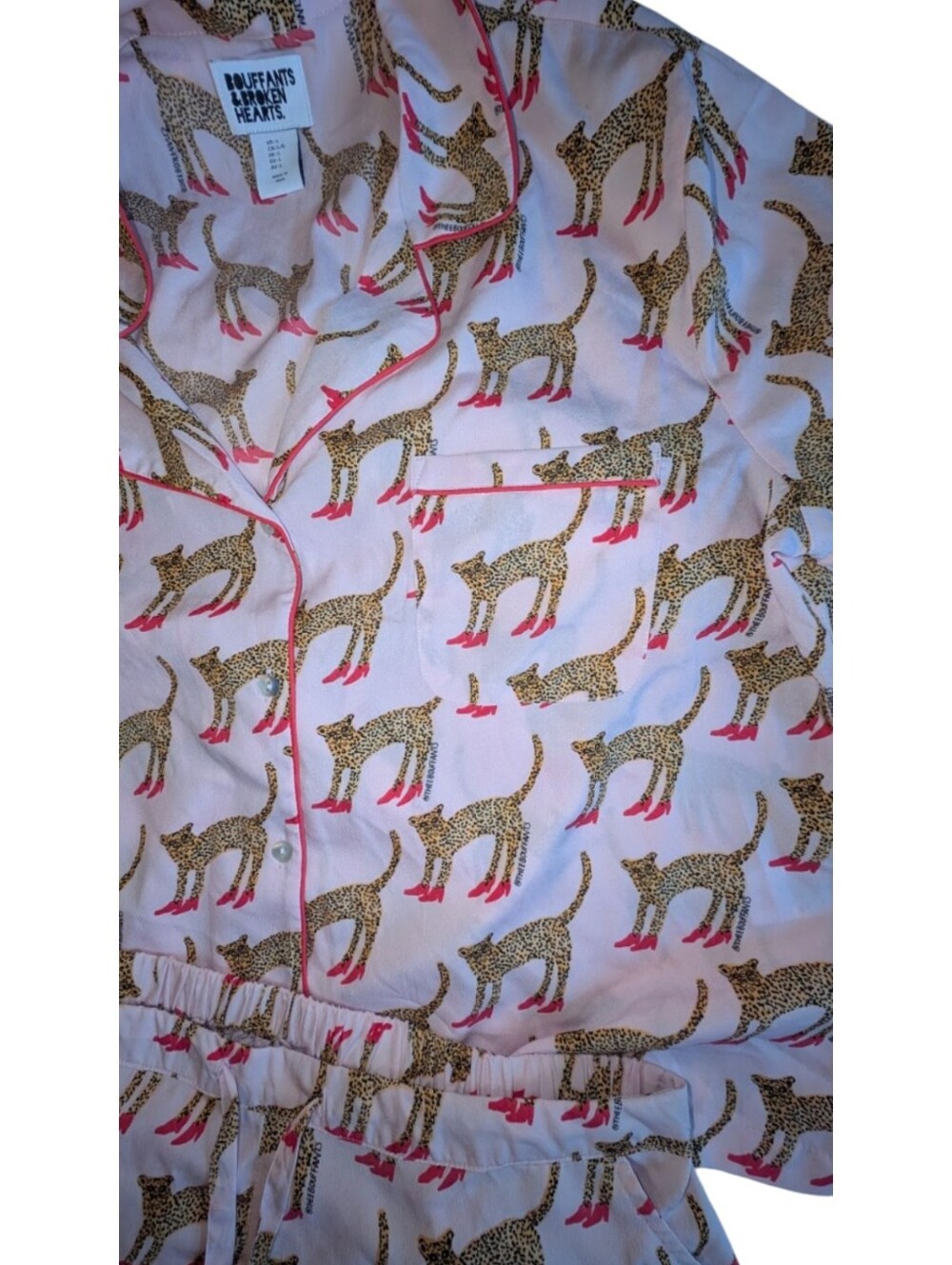 Bouffants & Broken Hearts Quirky Fun High-Heeled Cheetah Print Pajama Set Pink L - Picture 5 of 10